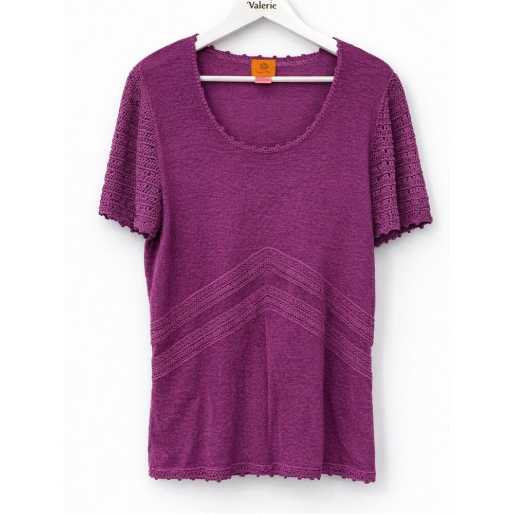Ruby Rd Purple Short Sleeve Top Crochet Size Medium Rayon Stretch